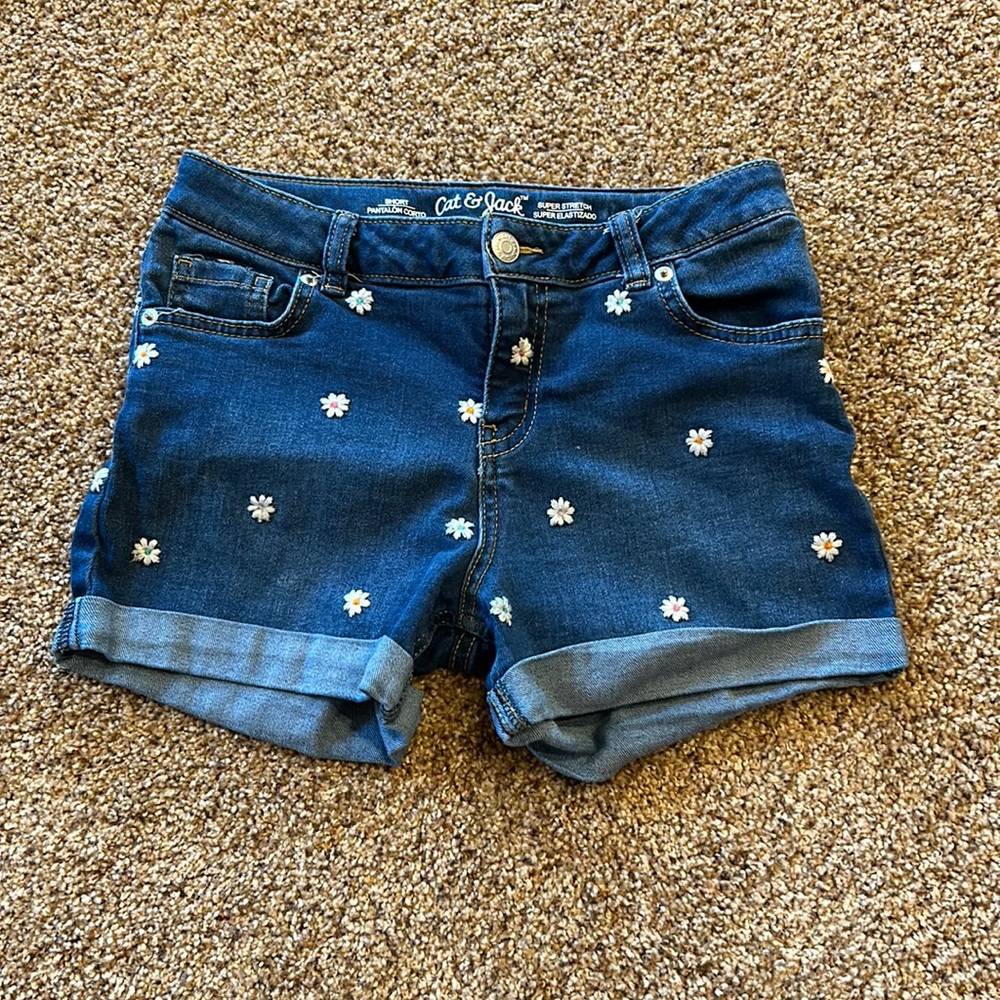 Girls Blue Jean Flowered shorts.
